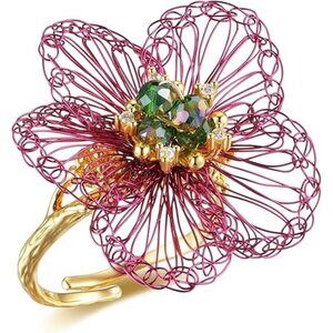 Fingertips Blooming 18K Plated Red Flower Open Ring